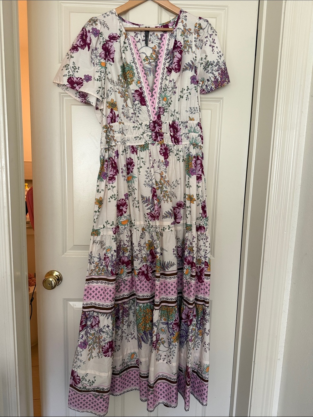 Anthropologie White Maxi Dress with Purple Floral Print